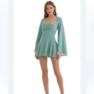 Lucy in the Sky Metallic Knit Flare Sleeve Dress in Teal